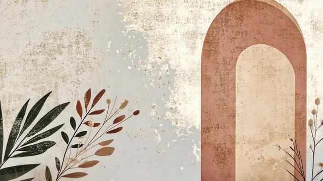 A minimalist illustration of a large archway and plants, set against a textured background
