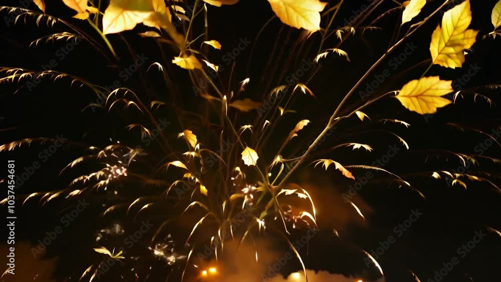 Poster fireworks exploding in the night sky, creating streaks of light and smoke.