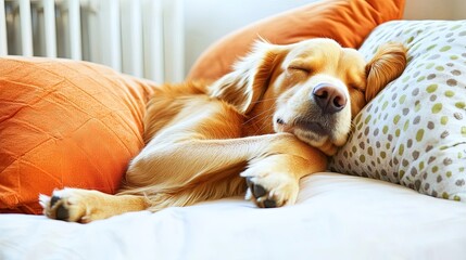 Obraz premium Lively Golden Retriever Puppy Napping on a Soft Pillow with Copy Space for Text. Making It Perfect for Insurance or Pet Care Concepts
