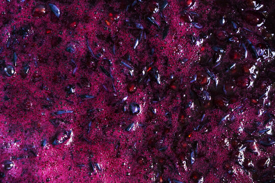 Macro shot of crushed grapes and bubbling juice during the early stages of fermentation in winemaking. The deep purple color and textured surface highlight the natural beauty and complexity of the fer