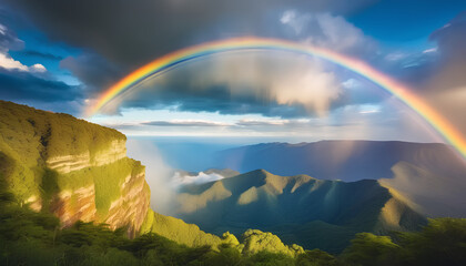Scenic sky cloudscape with big bright rainbow above sea, Blue mountains in the background