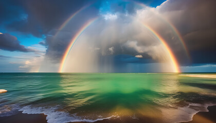 Scenic sky cloudscape with big bright rainbow above sea, Blue mountains in the background