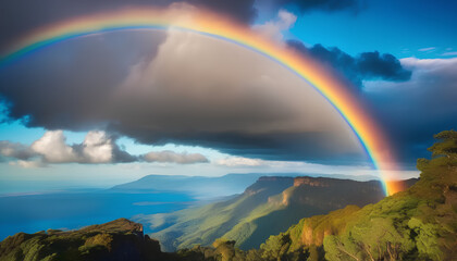 Scenic sky cloudscape with big bright rainbow above sea, Blue mountains in the background