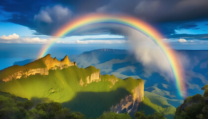 Scenic sky cloudscape with big bright rainbow above sea, Blue mountains in the background