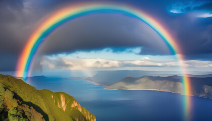 Scenic sky cloudscape with big bright rainbow above sea, Blue mountains in the background