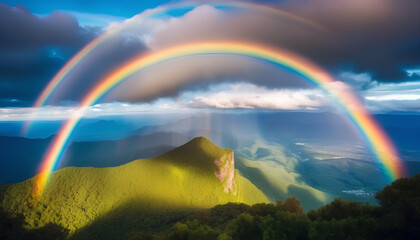 Scenic sky cloudscape with big bright rainbow above sea, Blue mountains in the background