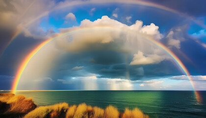 Scenic sky cloudscape with big bright rainbow above sea, Blue mountains in the background