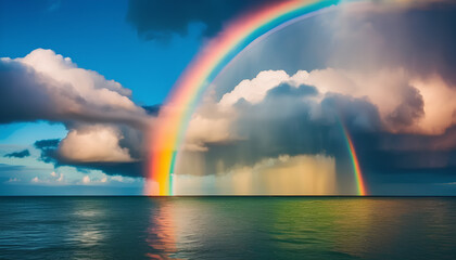 Scenic sky cloudscape with big bright rainbow above sea, Blue mountains in the background