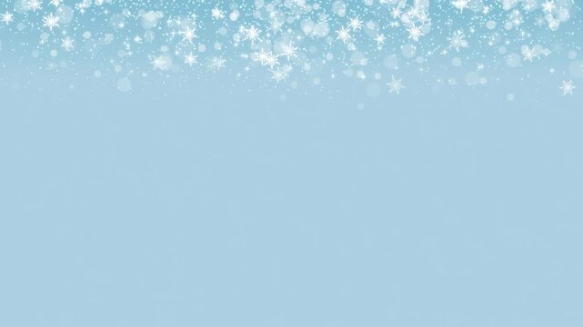 Light blue Christmas background with glittering white particles and snow flakes.