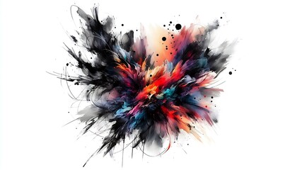 Expressive black ink brush strokes paired with colorful splashes, creating bold and dynamic watercolor piece
