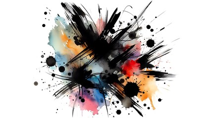 Naklejka premium Expressive black ink brush strokes paired with colorful splashes, creating bold and dynamic watercolor piece 