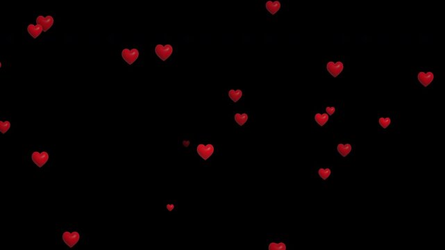 Red Hearts motion animation on black background. Hearts flying. Women's Day, Valentine's Day, Mother's Day, and Wedding Day heart 