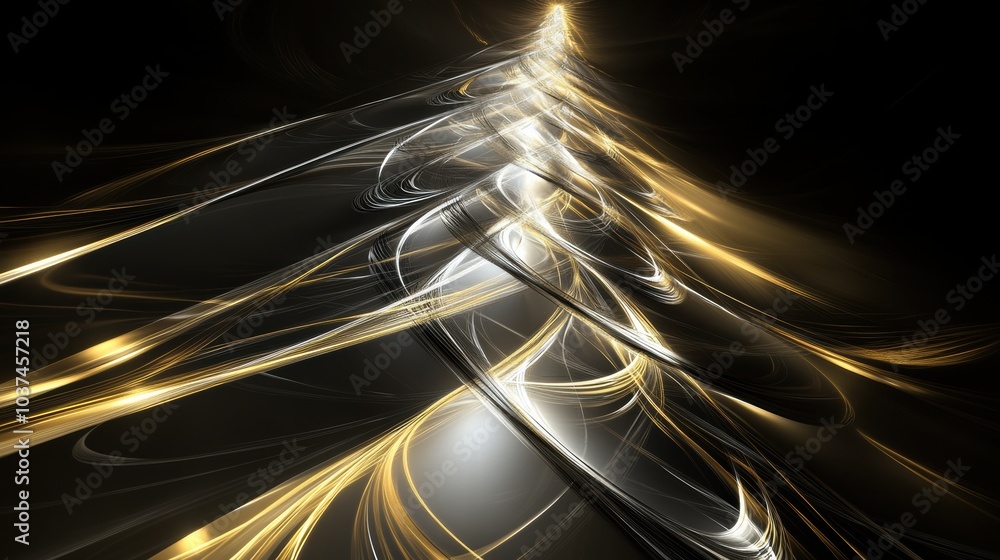 Poster This artwork features an abstract Christmas tree illuminated by swirling golden and white lights, creating a festive atmosphere. Generative AI