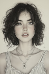 Young woman with short curly hair serene in black and white portrait against plain background