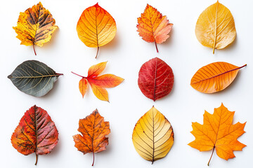Obraz premium Autumn leaves isolated on a white background, top view...