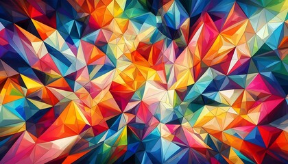 Colorful polygonal mosaic pattern with vibrant shades, blending together form abstract background