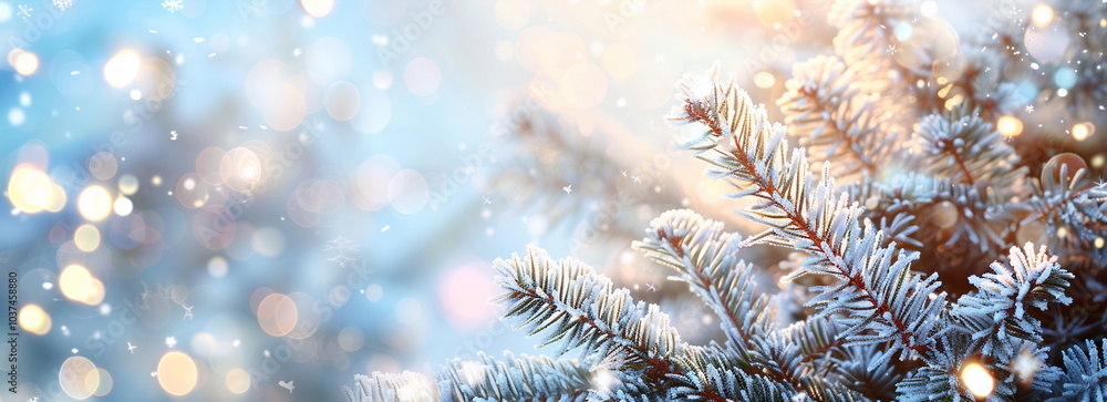 Poster frosty winter background with blurred snowflakes and sparkling bokeh lights on the edges of the phot