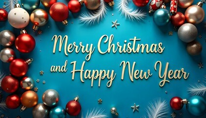 Fototapeta premium Merry Christmas and Happy New Year text on a blue background with Christmas decorations and feathers