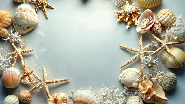 Seashells and starfish surround a blue background, creating a summery scene