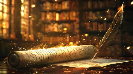 Enchanted quill and glowing scroll in a magical library