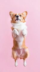 A playful corgi jumping against a pastel pink background, showcasing its adorable expression and lively demeanor.
