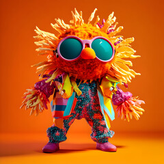 Funky Orange Furry Character in Colorful Fashion
