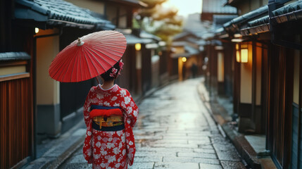 woman in traditional red kimono walks down serene, narrow street in Kyoto, Japan, holding vibrant red umbrella. scene captures timeless beauty and rich culture of area