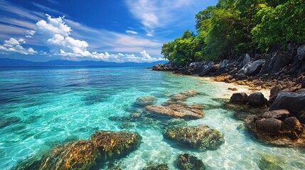 Fototapeta premium Serene Tropical Seaside with Clear Blue Water and Rocks