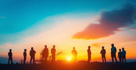 Fototapeta premium Silhouette of construction workers working at building site with crane and llynchspray over blue sky background
