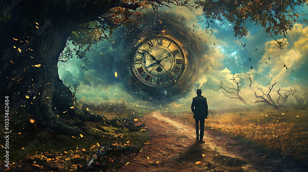 Aufkleber A man stands on a path facing a surreal clock in a dreamlike nature landscape merging time and reality in a magical setting