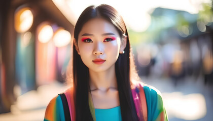Portrait of a young asian girl. Colorful makeup. Art make up. Cosmetics.