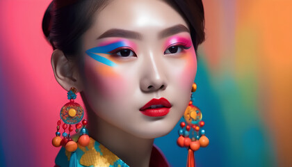Portrait of a young asian girl. Colorful makeup. Art make up. Cosmetics.