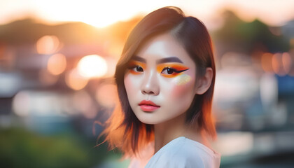 Portrait of a young asian girl. Colorful makeup. Art make up. Cosmetics.