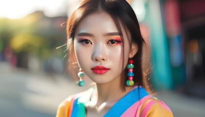 Portrait of a young asian girl. Colorful makeup. Art make up. Cosmetics.