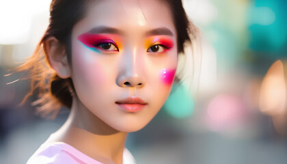Portrait of a young asian girl. Colorful makeup. Art make up. Cosmetics.