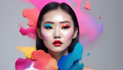 Portrait of a young asian girl. Colorful makeup. Art make up. Cosmetics.