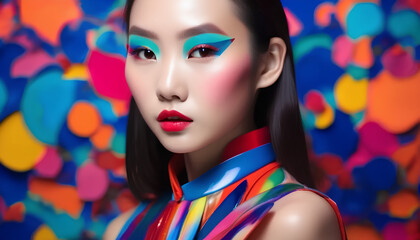 Portrait of a young asian girl. Colorful makeup. Art make up. Cosmetics.