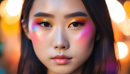 Portrait of a young asian girl. Colorful makeup. Art make up. Cosmetics.