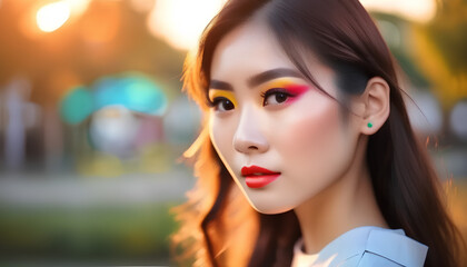 Portrait of a young asian girl. Colorful makeup. Art make up. Cosmetics.