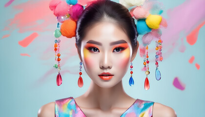 Portrait of a young asian girl. Colorful makeup. Art make up. Cosmetics.