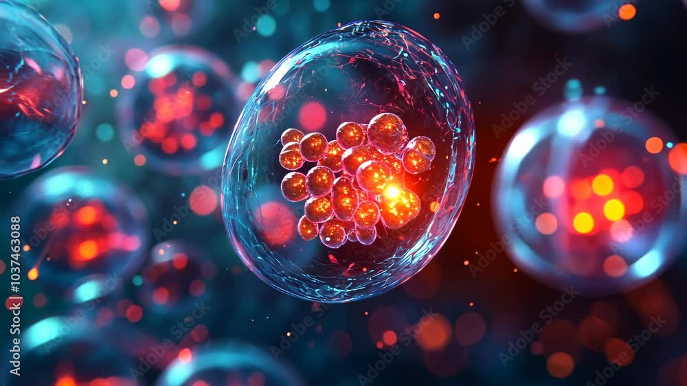 Poster a close-up image of a cell undergoing mitosis, a process of cell division, showing the nucleus split