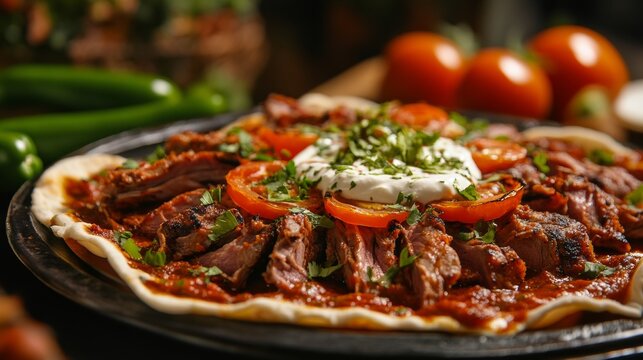 A mouthwatering platter of Turkish iskender kebab, thinly sliced lamb served over pieces of pita bread and topped with tomato sauce and yogurt, Iskender kebab platter centered
