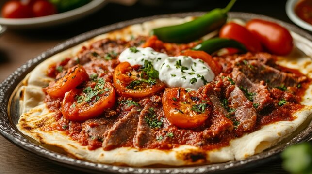 A mouthwatering platter of Turkish iskender kebab, thinly sliced lamb served over pieces of pita bread and topped with tomato sauce and yogurt, Iskender kebab platter centered