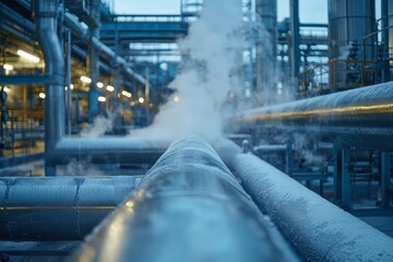 Industrial refinery scene with rising steam and complex fuel processing infrastructure
