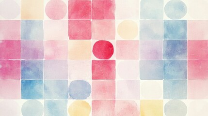An abstract composition featuring soft watercolor squares and circles in pastel colors, creating a soothing modern design.