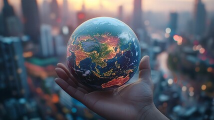 Fototapeta premium Hand Holding a Globe with City Lights in the Background