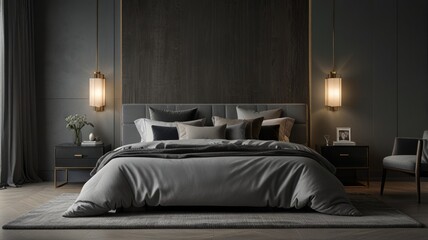A bedroom with the elegance and versatility of a modern gray color palette. The dark textured wall creates a dramatic backdrop. The minimalist bedroom design evokes a sense of calm and sophistication.