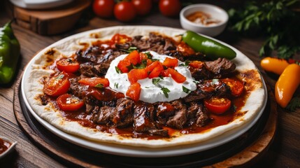A mouthwatering platter of Turkish iskender kebab, thinly sliced lamb served over pieces of pita bread and topped with tomato sauce and yogurt, Iskender kebab platter centered