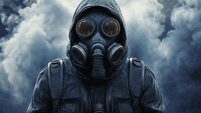A person wearing a gas mask stands in front of a smoky background