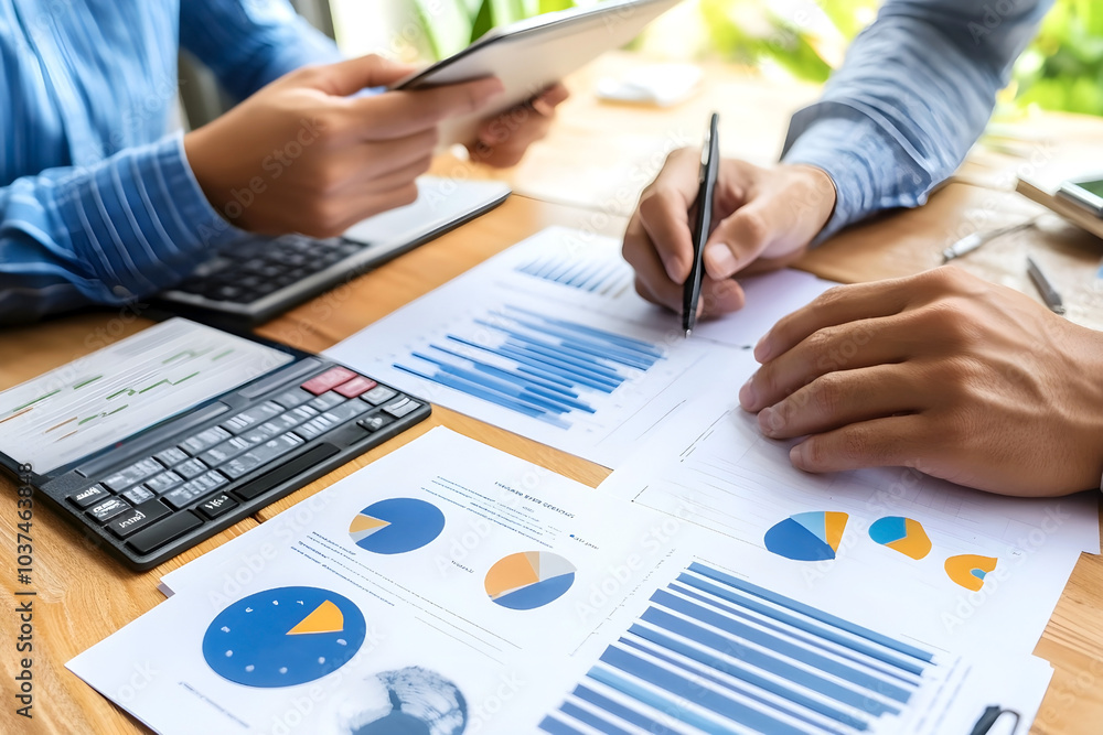 Poster business professionals analyzing financial charts and graphs at a desk with a calculator and tablet,